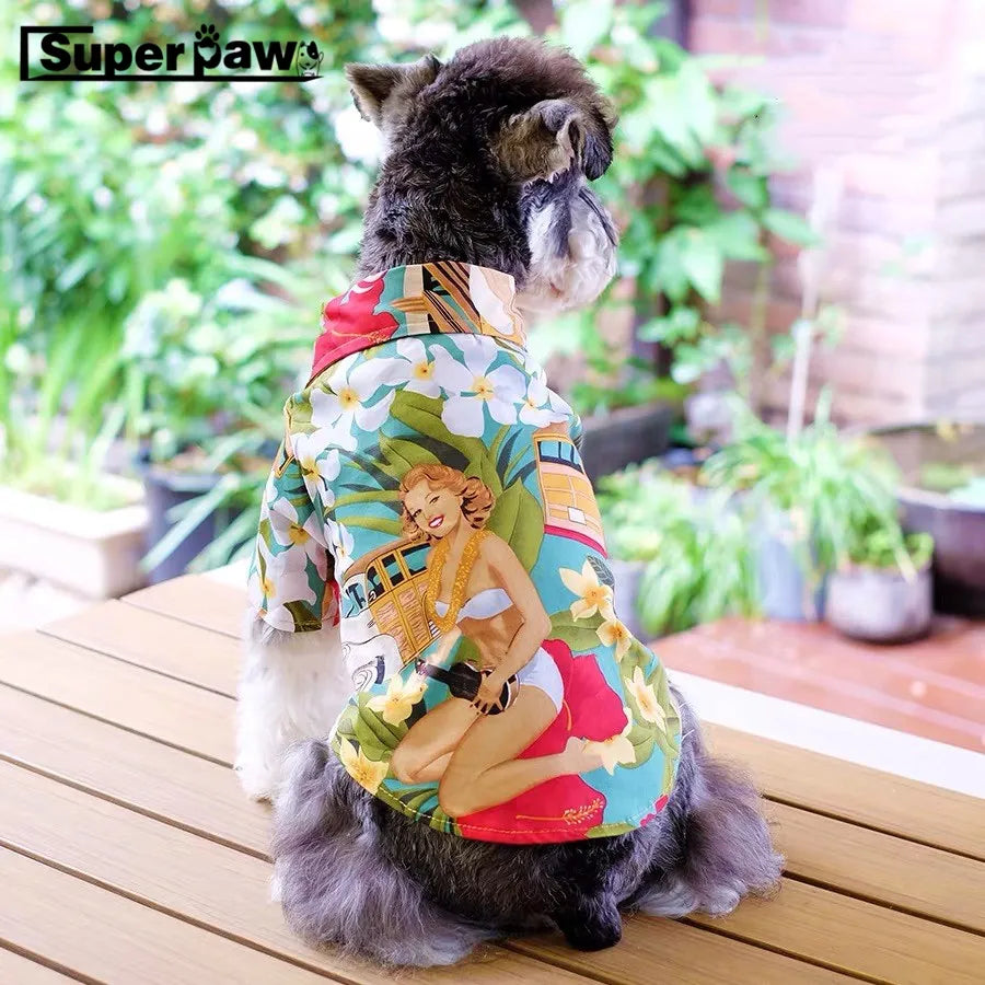 Fashion Pet Dog Hawaiian Flower Retro Shirt Small Medium Dogs French Bulldog Schnauzer Summer T-shirt Clothes Pug Costume GZC39