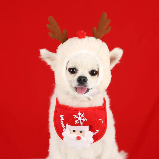 Happy New Year Christmas Pet Bib Saliva Towel Hat For Small Medium Cat Dog Sticky Deer Pattern Polyester Costume Pet Accessories