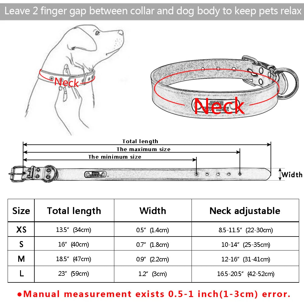 Personalized Dog Collars Leather Customized ID Name Collars for Dog Adjustable Engrave for Small Medium Large Dogs Pets Pug XS
