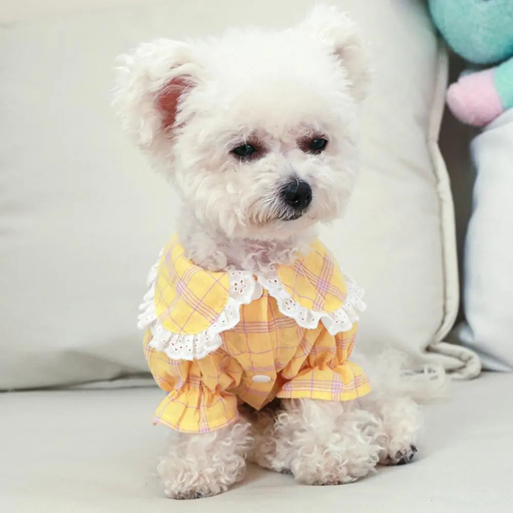 Pet Princess Dress Lapel Collar Dog Dress Ruffle Sleeve Cat Dress Pet Cat Dog Two-legged Plaid Dress Clothes dog clothes
