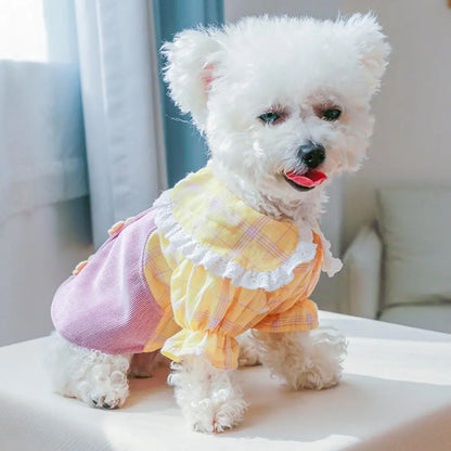 Pet Princess Dress Lapel Collar Dog Dress Ruffle Sleeve Cat Dress Pet Cat Dog Two-legged Plaid Dress Clothes dog clothes