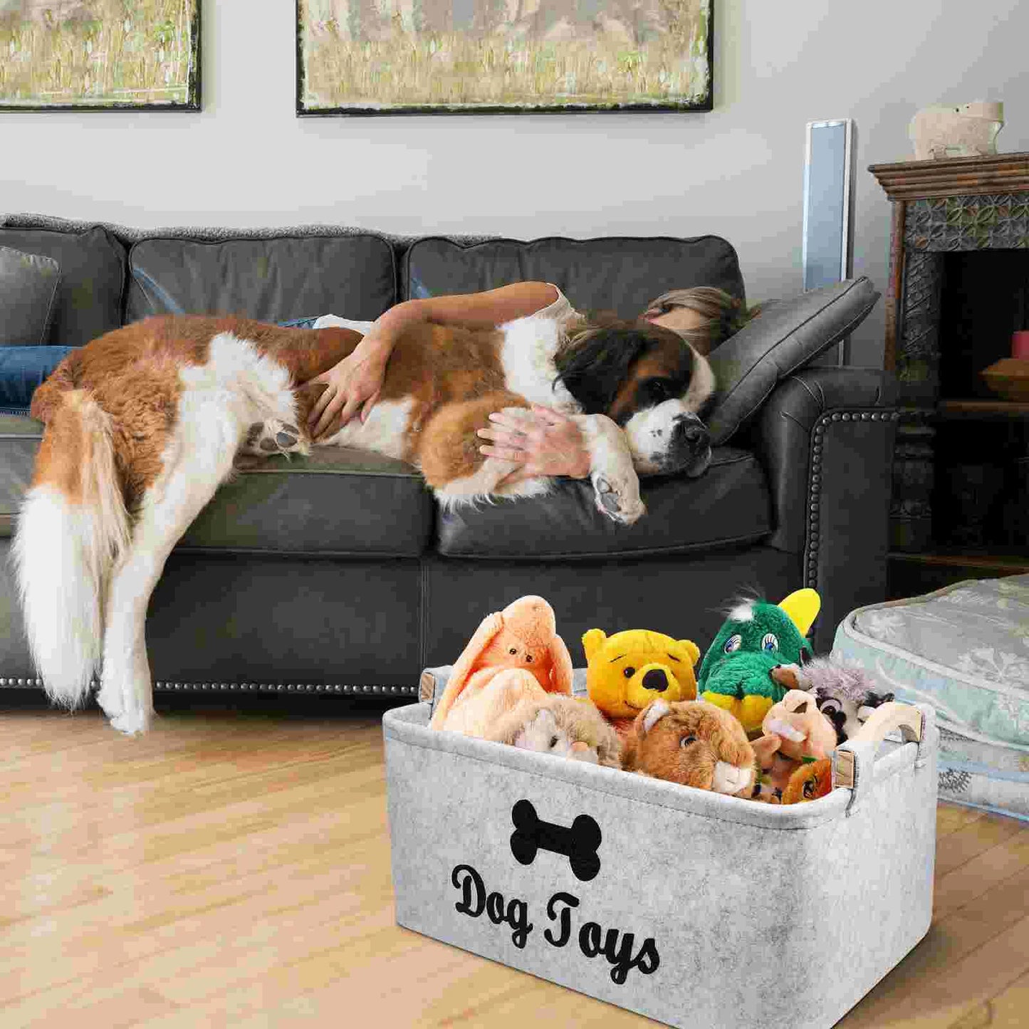 Dog Toy Pet Toy Storage Felt Case Square Sundries Handles Wooden Accessory Bin Dog Organizer