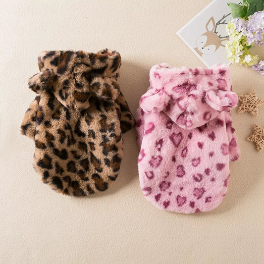 Fleece Dog Hoodie Winter Warm Pet Dog Clothes Leopard Print Dog Coat Jacket French Bulldog Clothing for Small Dogs Pets Costumes