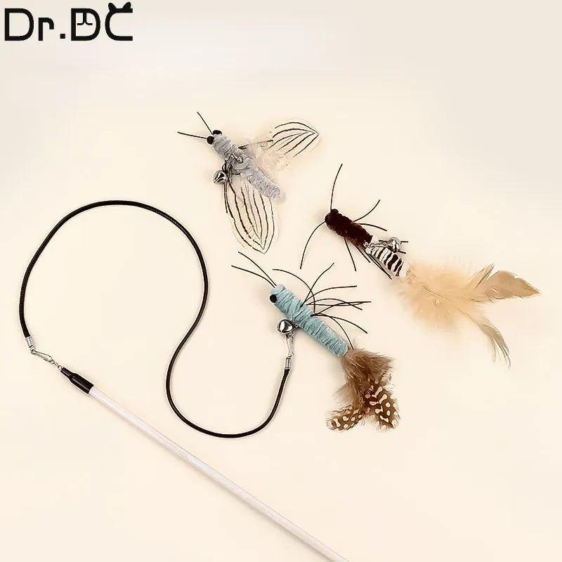 Dr.DC Steel Wire Teasing Cat Stick Long insect butterfly Ball Feather with Bell Pet Toys Interactive Funny Cat Toy Wand