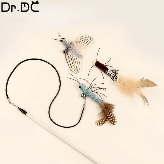 Dr.DC Steel Wire Teasing Cat Stick Long insect butterfly Ball Feather with Bell Pet Toys Interactive Funny Cat Toy Wand