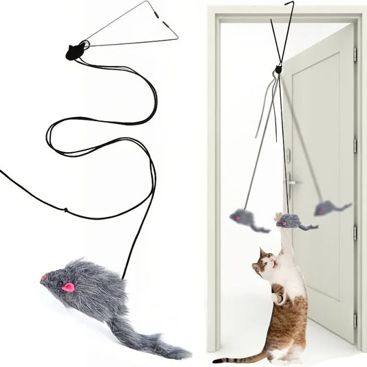 Cat Interactive Toy Hanging Door Retractable Cat Grab Rope Black Mouse Teasing Stick Indoor Cat Toys Entertain and Exercise Game