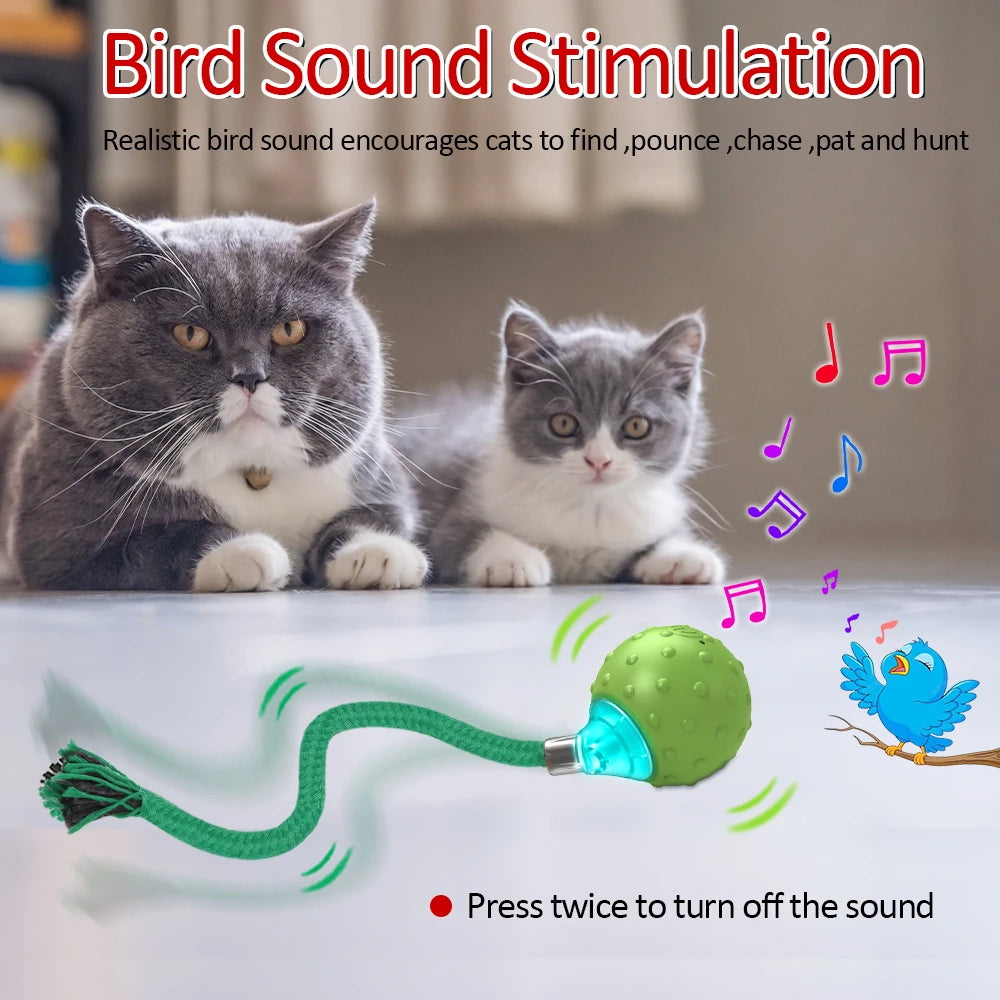 New Cat Rolling Ball Interactive Toy Motion Activated Automatic Moving Ball Toy with Long Tail Teaser Simulation Bird Sound