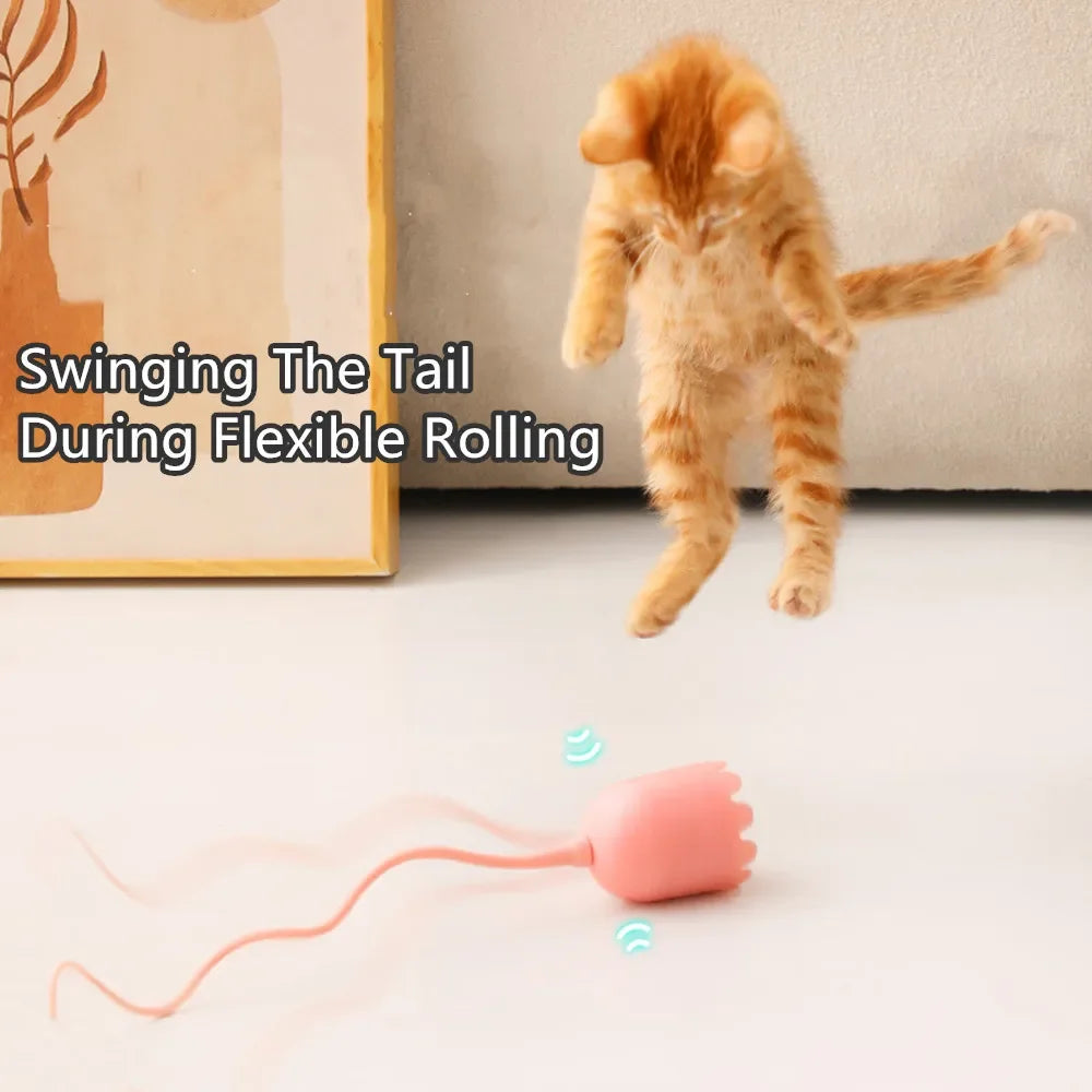 Interactive Cat Toys USB Electric Intelligent Rolling Ball Toy Cats Pet Silicone Automatic Rotate Mouse Tail Kitten Teaser Stick