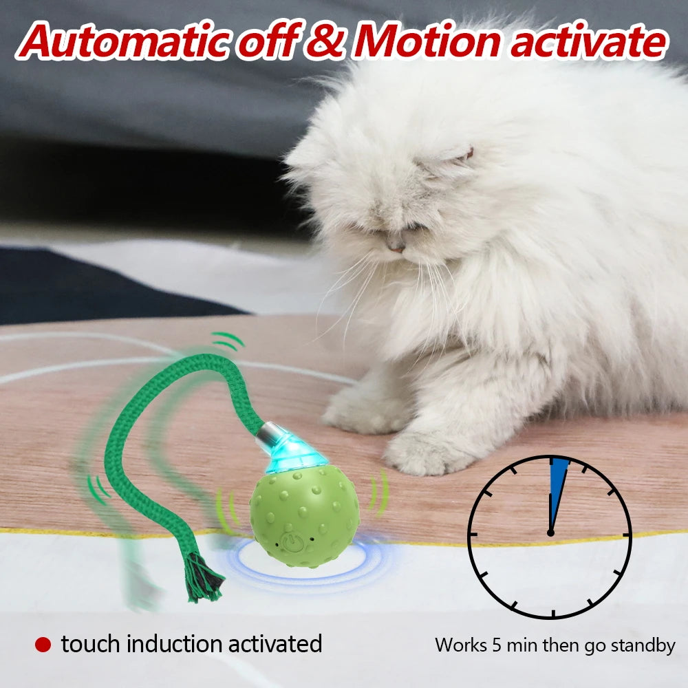 New Cat Rolling Ball Interactive Toy Motion Activated Automatic Moving Ball Toy with Long Tail Teaser Simulation Bird Sound