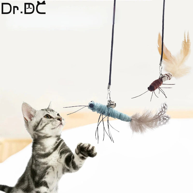 Dr.DC Steel Wire Teasing Cat Stick Long insect butterfly Ball Feather with Bell Pet Toys Interactive Funny Cat Toy Wand