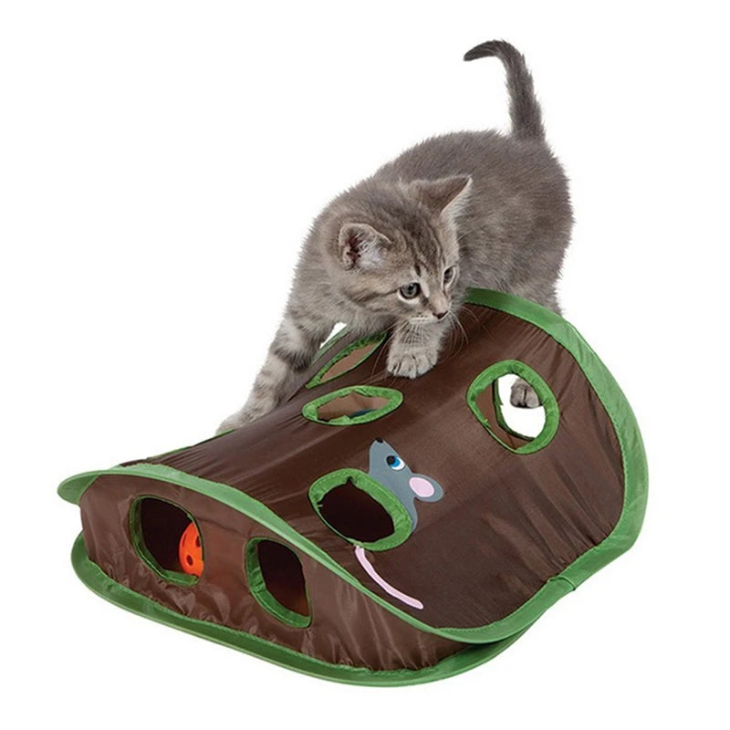 Pet Cat Mice Game Intelligence Toy Bell Tent with 9 Hole Cats Playing Tunnel Foldable Mouse Hunt Toys Keeps Kitten Active Pets