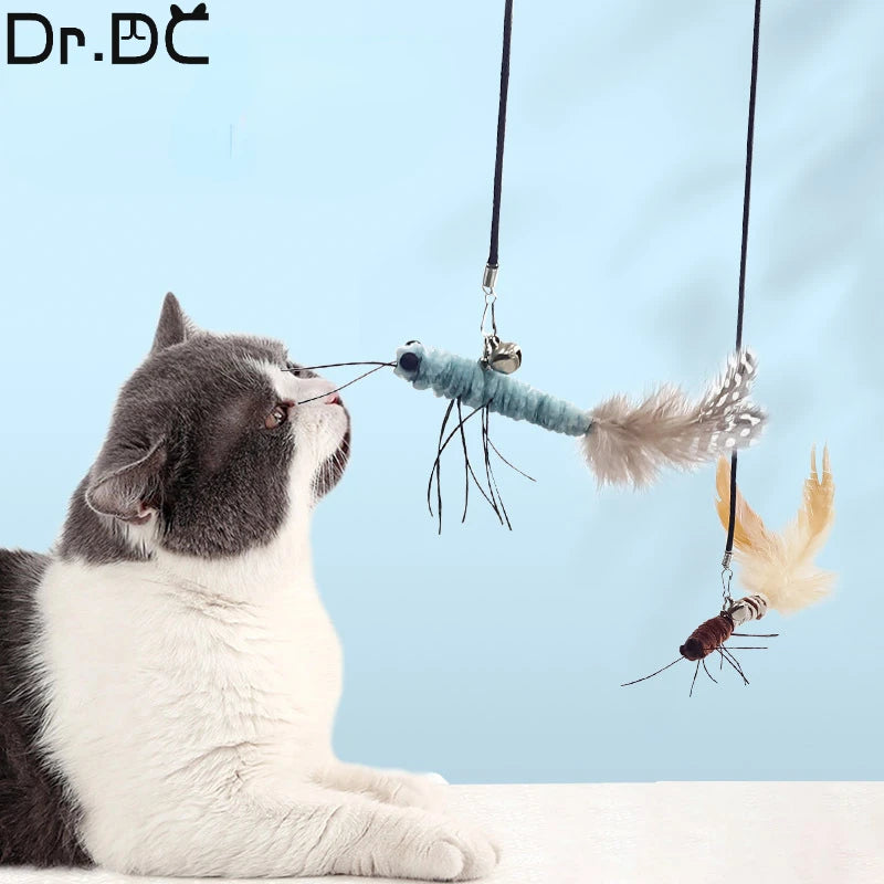 Dr.DC Steel Wire Teasing Cat Stick Long insect butterfly Ball Feather with Bell Pet Toys Interactive Funny Cat Toy Wand