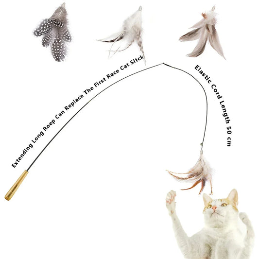 Stretchable Feather Interactive Elastic Rope Cat Toy Simulation Feather Cat Stick Toys Kitten Race Rank Teaser Wand Cat Supplies