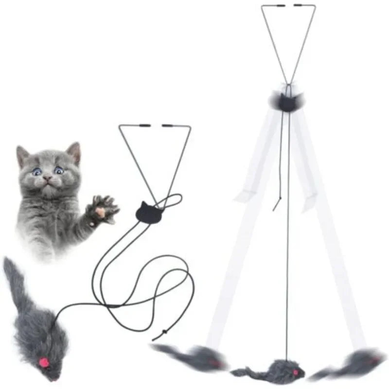 Cat Interactive Toy Hanging Door Retractable Cat Grab Rope Black Mouse Teasing Stick Indoor Cat Toys Entertain and Exercise Game