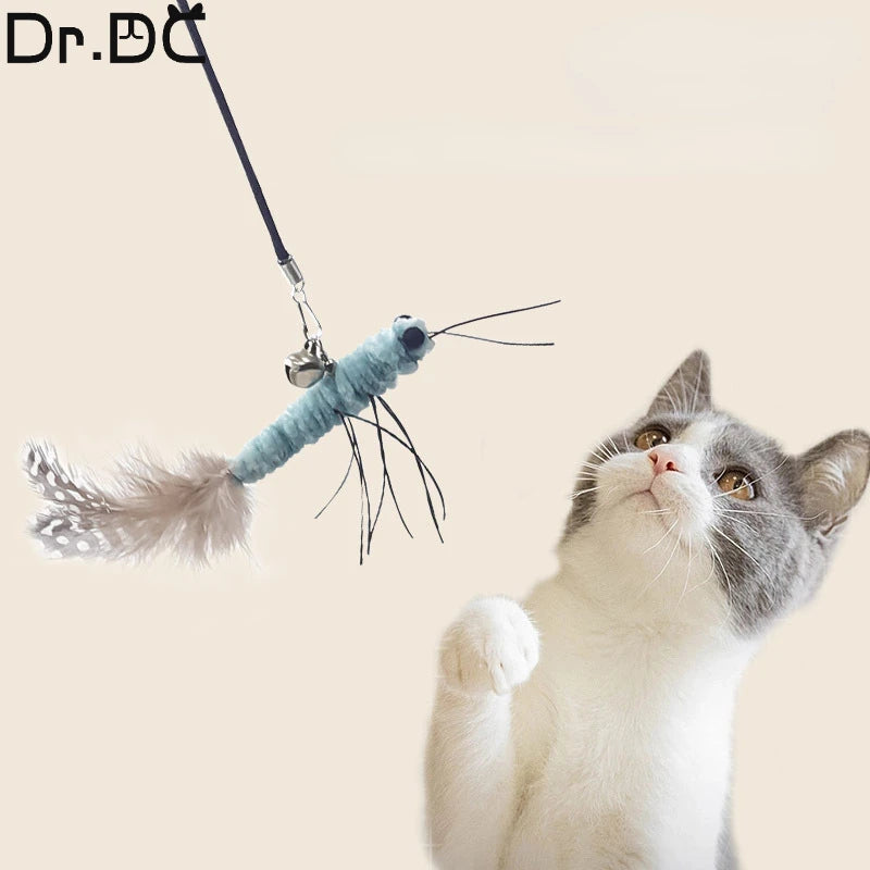 Dr.DC Steel Wire Teasing Cat Stick Long insect butterfly Ball Feather with Bell Pet Toys Interactive Funny Cat Toy Wand