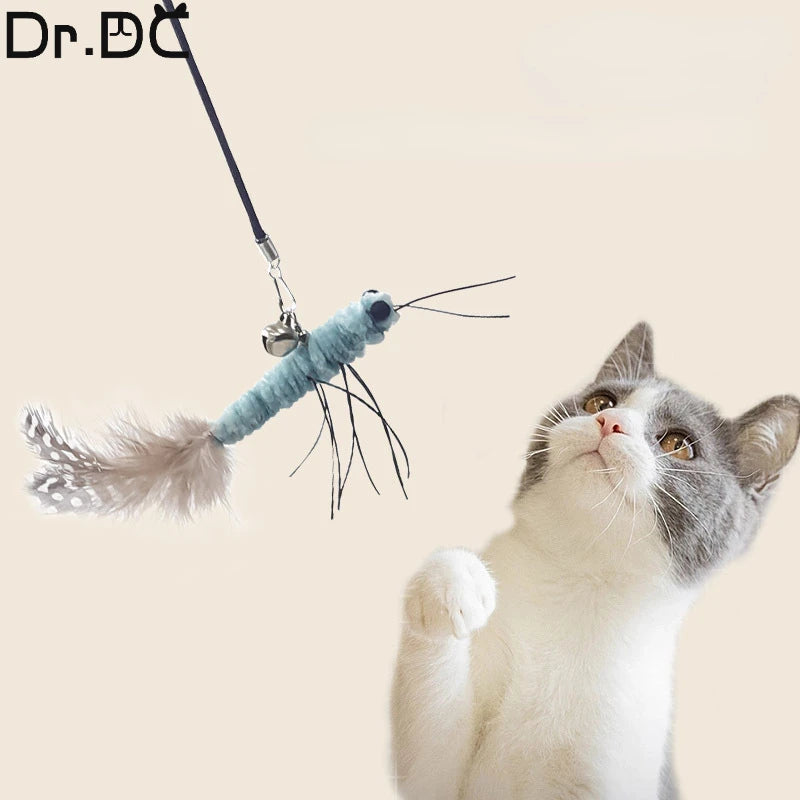 Dr.DC Steel Wire Teasing Cat Stick Long insect butterfly Ball Feather with Bell Pet Toys Interactive Funny Cat Toy Wand