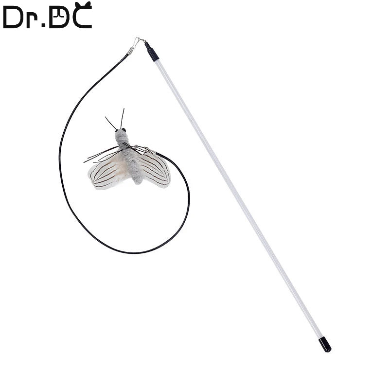 Dr.DC Steel Wire Teasing Cat Stick Long insect butterfly Ball Feather with Bell Pet Toys Interactive Funny Cat Toy Wand