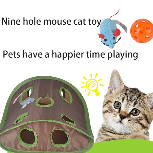 Pet Cat Mice Game Intelligence Toy Bell Tent with 9 Hole Cats Playing Tunnel Foldable Mouse Hunt Toys Keeps Kitten Active Pets