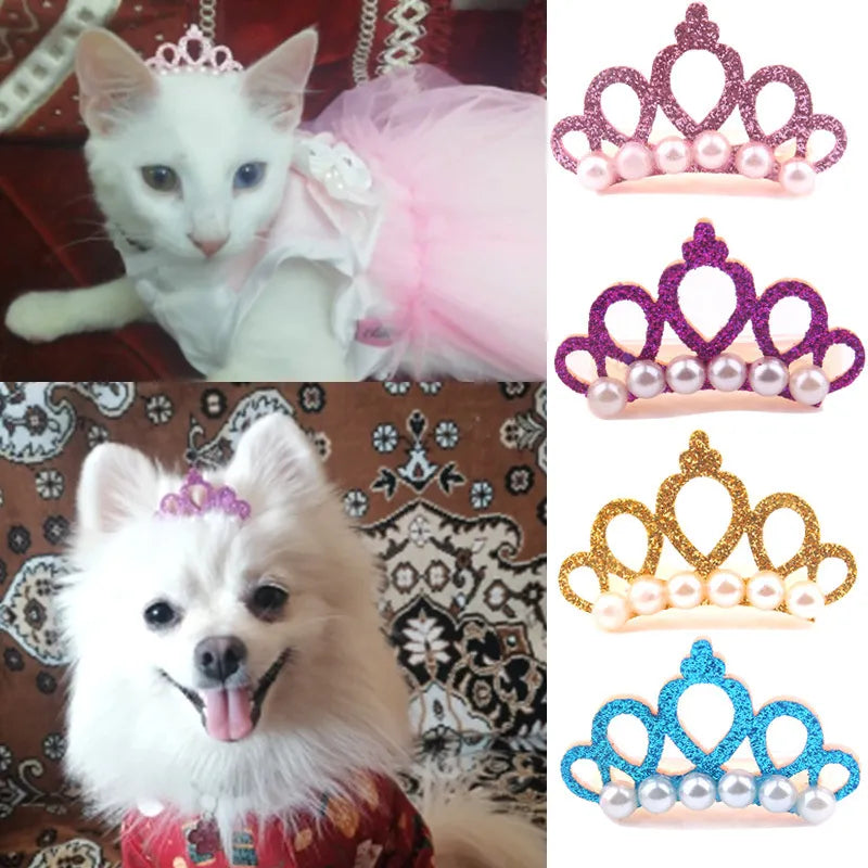 Small Dogs Cat Faux Pearl Crown Shape Bows Pet Hair Clips Head Decoration for Pets Puppy Hairpins Decor Grooming Accessoires