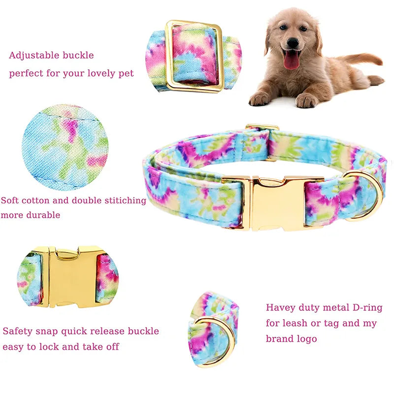 Unique Style Paws Personalized Cotton Dog Collar with Bow Tie Flower Colorful Tie Dye Pet Dog Collar for Large Medium Small Dog