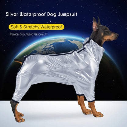 Waterproof Dog Jumpsuit for Girl or Boy Dogs Warm Spring Pet Clothes for Medium Big Breed Closed Belly Silver Space Dog Costume