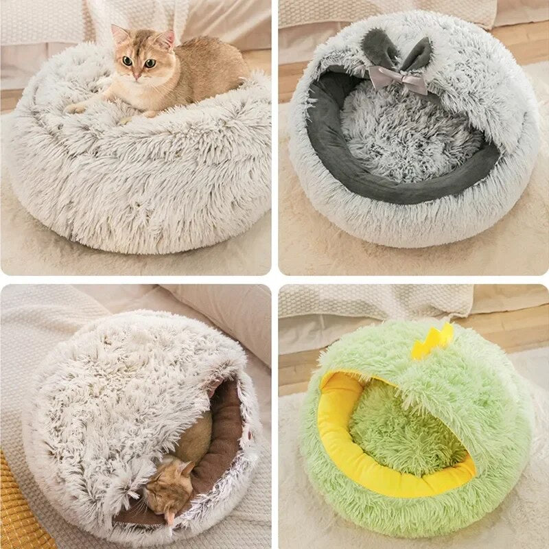 Winter New Long Plush Pet Cat Bed Round Cat Cushion Cat House Warm Cat Basket Cat Sleep Bag Cat Nest Kennel For Small Dog Cat