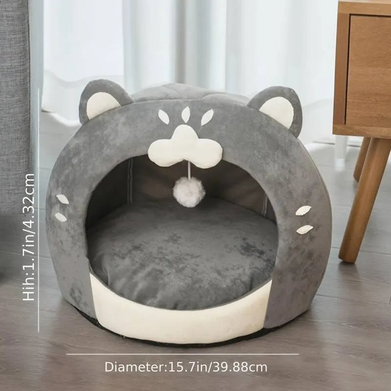 Autumn Winter Warm Comfy PP Cotton Cat Bed Adorable Pet House Cozy Cat-Shaped Soft Pet Bed House with Cushion for Small Dogs Cat