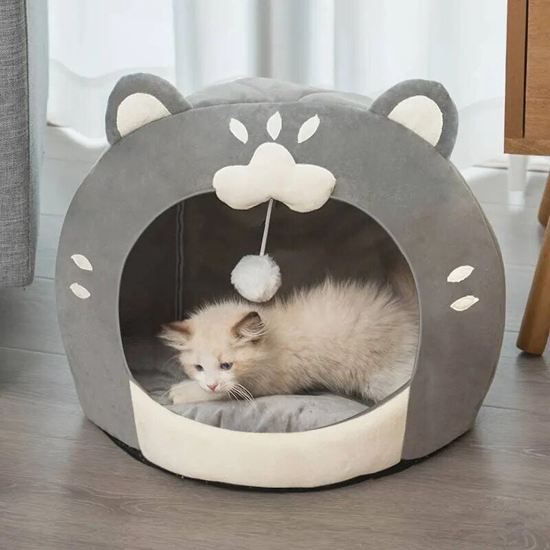 Autumn Winter Warm Comfy PP Cotton Cat Bed Adorable Pet House Cozy Cat-Shaped Soft Pet Bed House with Cushion for Small Dogs Cat