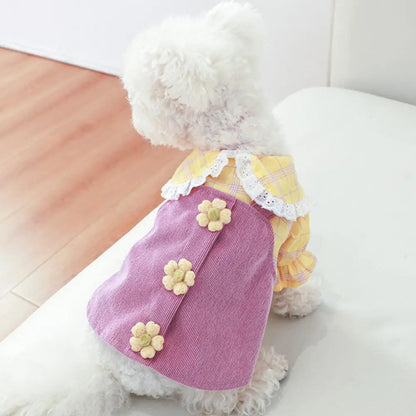 Pet Princess Dress Lapel Collar Dog Dress Ruffle Sleeve Cat Dress Pet Cat Dog Two-legged Plaid Dress Clothes dog clothes