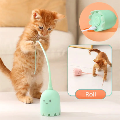 Interactive Cat Toys USB Electric Intelligent Rolling Ball Toy Cats Pet Silicone Automatic Rotate Mouse Tail Kitten Teaser Stick