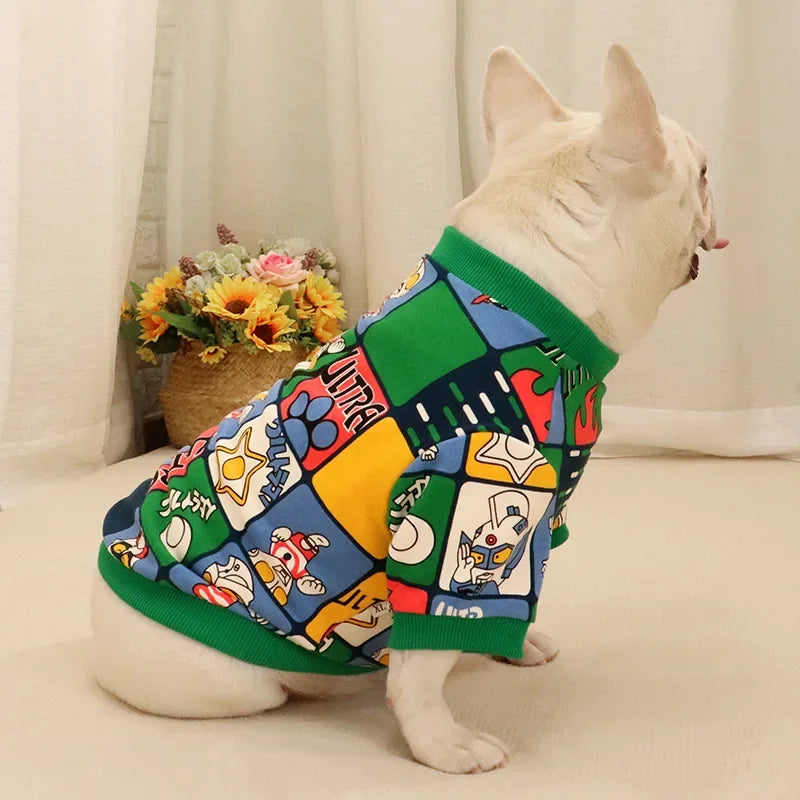 Cartoon Printed Dog Sweater Pet Apparel Spring Autumn Dog Clothes Bulldog Short Fat Dog Outfits French Bulldog Clothes