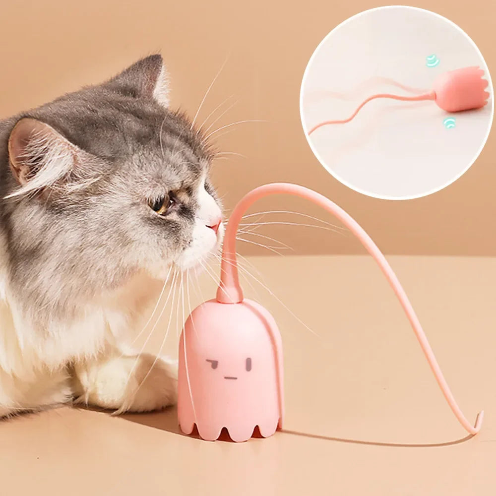 Interactive Cat Toys USB Electric Intelligent Rolling Ball Toy Cats Pet Silicone Automatic Rotate Mouse Tail Kitten Teaser Stick