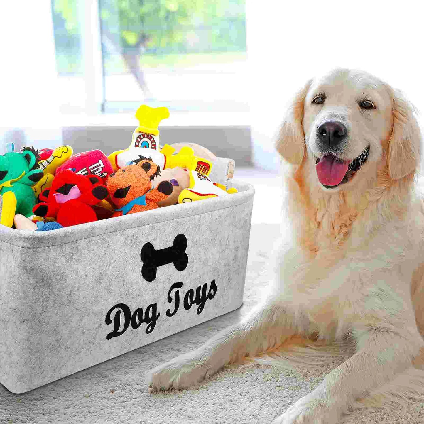 Dog Toy Pet Toy Storage Felt Case Square Sundries Handles Wooden Accessory Bin Dog Organizer