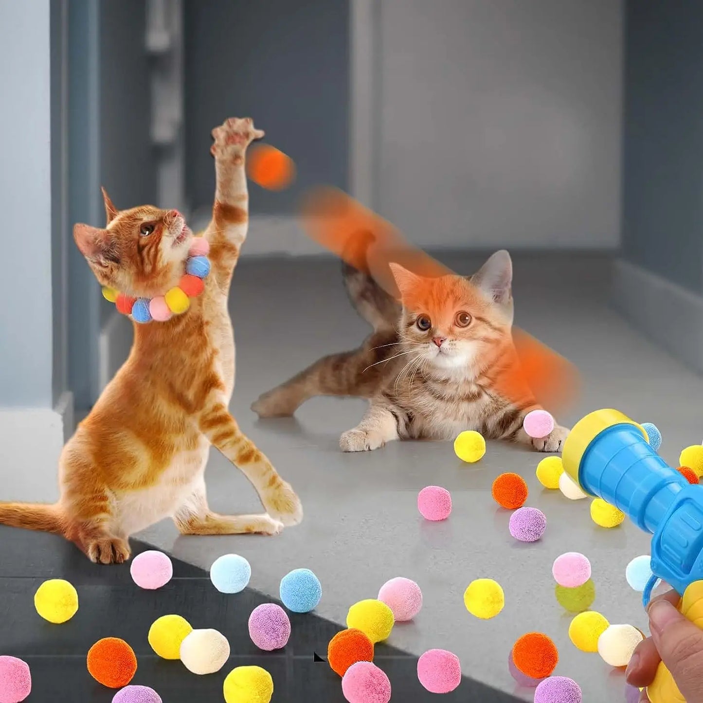 Interactive Launch Training Cat Toys Creative Kittens Mini Pompoms Games Stretch Plush Ball Toys Cat Supplies Pet Accessories