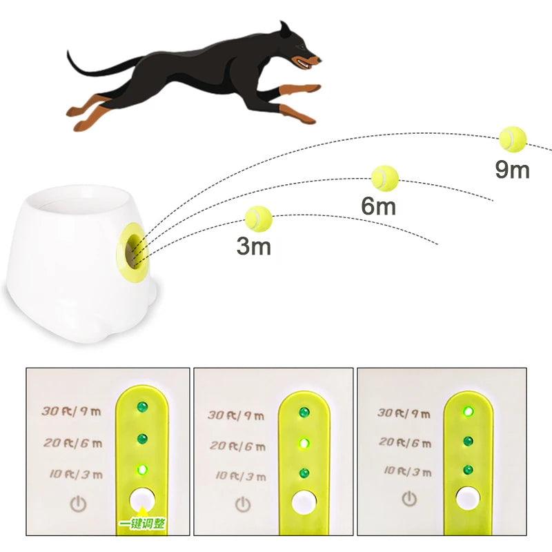 Dog Pet Toys Tennis Launcher Automatic Throwing Machine Pet Ball Throw Device 3/6/9m Section Emission with 3 Balls Dog Training