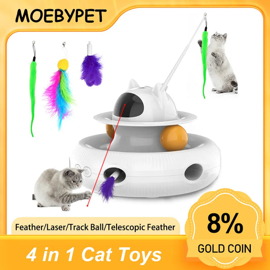 Moebypet Interactive 4-in-1 Cat Toy Rechargeable Feather Stick Laser Trackball Retractable Feather Popular Indoor Toys for Cats