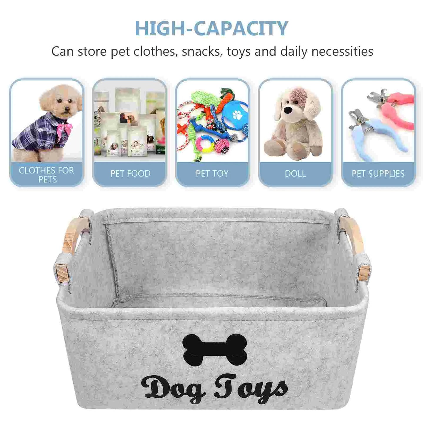 Dog Toy Pet Toy Storage Felt Case Square Sundries Handles Wooden Accessory Bin Dog Organizer