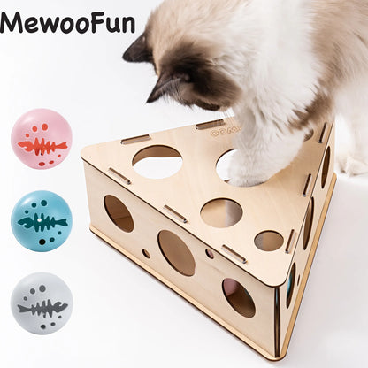 Mewoofun Funny Cat Triangle Teasing Box Puzzle Easy to Assemb Eco-friendly with Three Balls Multifunctional Interactive Pet Toy