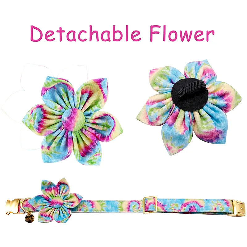 Unique Style Paws Personalized Cotton Dog Collar with Bow Tie Flower Colorful Tie Dye Pet Dog Collar for Large Medium Small Dog