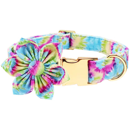 Unique Style Paws Personalized Cotton Dog Collar with Bow Tie Flower Colorful Tie Dye Pet Dog Collar for Large Medium Small Dog